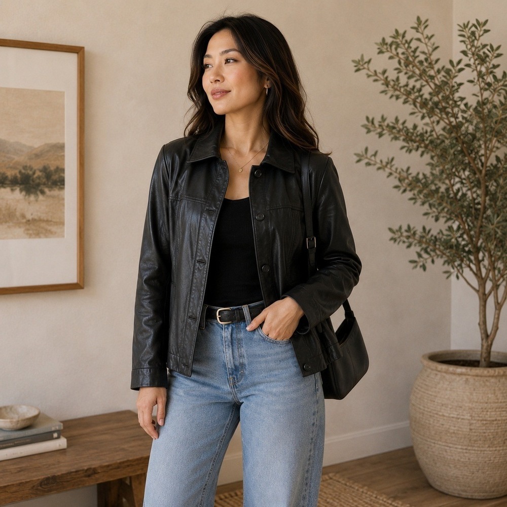 Preston & York 90s Inspired Leather Jacket L Black Lambskin Button Front Blazer